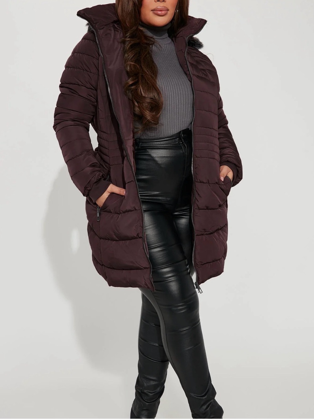 Fashion Nova Puffer Long Winter Coat - Deep Brown/Chocolate Fuzzy Inside Medium
